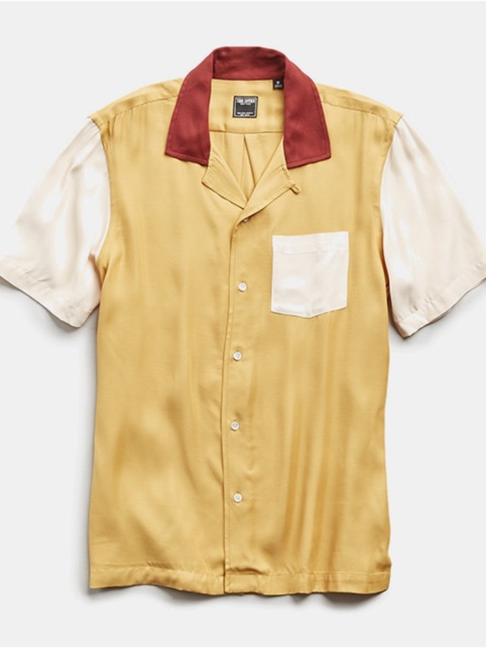 Todd Snyder Men's Short-Sleeve Bowling Shirt in Mustard with Burgundy Collar